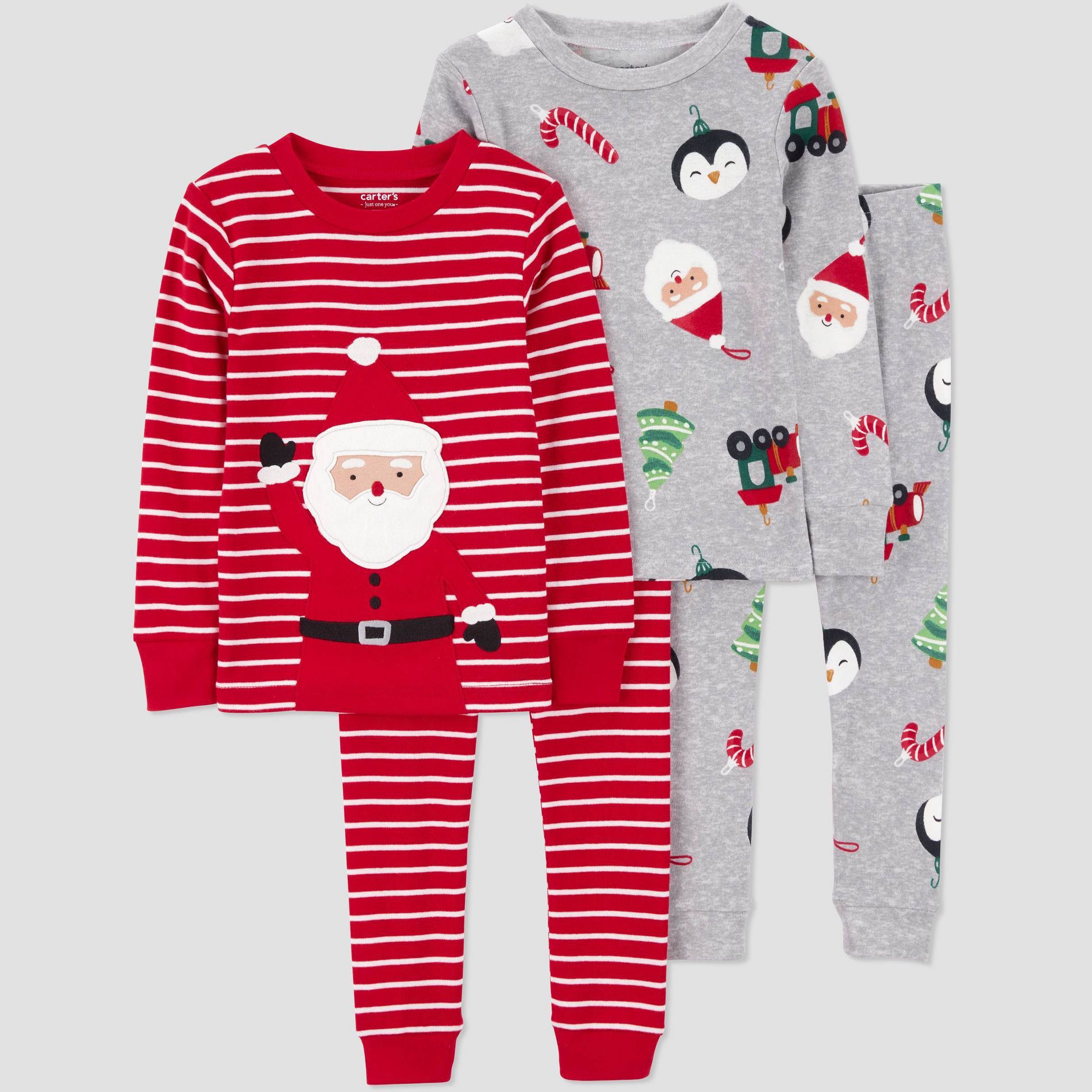 Carter's Just One You® Toddler Boys' 4pc Christmas Striped Santa & Ornament Print Long Sleeve Cotton Pajama Set - Red/Gray 3T