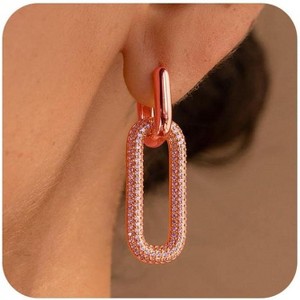 Gold Earrings for Women Trendy, Simple Dainty 14K Gold Plated Paperclip Square Chain Link Dangle Pin Stud Huggie Earrings Lightweight - 1 of 4