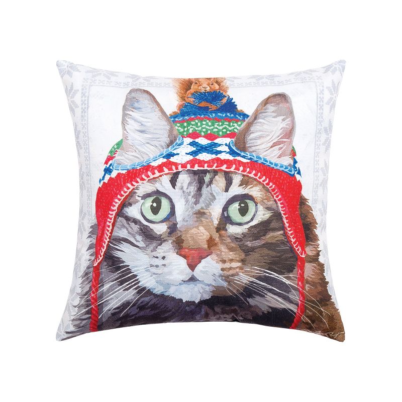 C&F Home 18" x 18" Winter Hat Cat Indoor/Outdoor Christmas Holiday Throw Pillow, 1 of 6