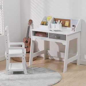 Kids Study Desk with Adjustable Chair, Study Table Chair Set with Buttetin Board, Pen Holders, Student Art Table for Boys Girls, White - 1 of 4