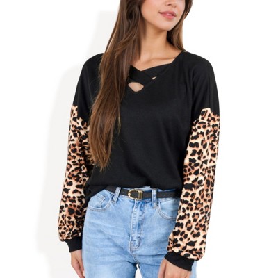 Anna-Kaci Women's Crisscross V-Neck Top with Leopard Print Long Sleeves and Relaxed Fit