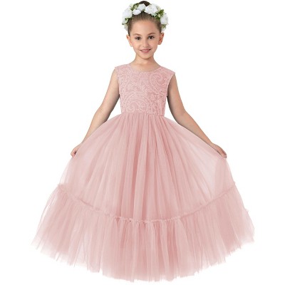 2Bunnies Girls' Paisley Lace Tulle Sleeveless Ruffled Maxi Dress