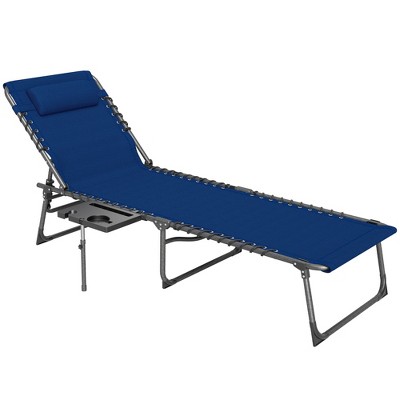 Outsunny Folding Chaise Lounge Chair Outdoor Tanning Chair with 5-Level Adjustable Back, Side Table, Pillow, Pocket for Yard, Beach, Pool, Dark Blue