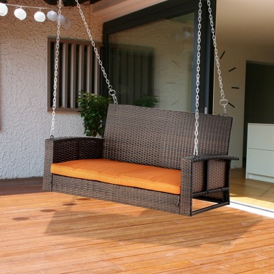 Mix Brown Wicker 2-Person Hanging Porch Swing with Orange Cushions