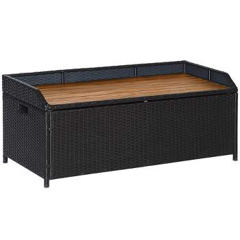 Outsunny Outdoor Storage Bench Wicker Deck Boxes with Wooden Seat, Gas Spring, Rattan Container Bin with Lip, Ideal for Storing Tools, Accessories and Toys