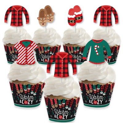Big Dot of Happiness Christmas Pajamas - Cupcake Decoration - Holiday Plaid PJ Party Cupcake Wrappers and Treat Picks Kit - Set of 24