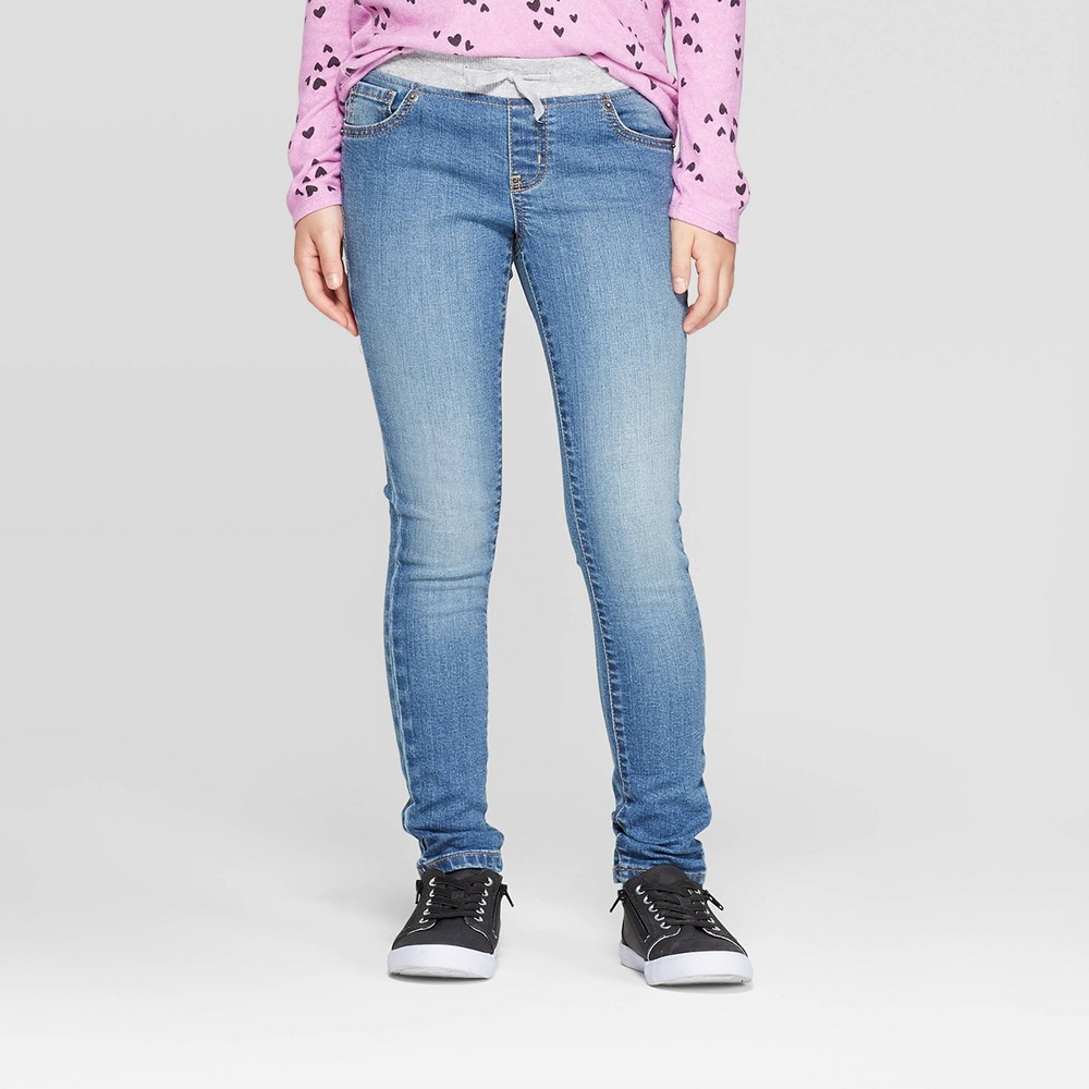 Girls' Mid-Rise Knit Waist Pull-On Skinny Jeans - Cat & Jack™ Medium Wash 12