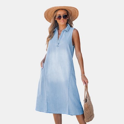 Women's Faded Denim Collared Sleeveless Midi Dress - Cupshe