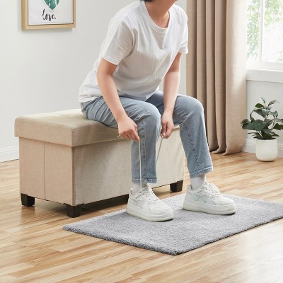 30-Inch Black Linen Folding Storage Ottoman Bench with Plastic Legs