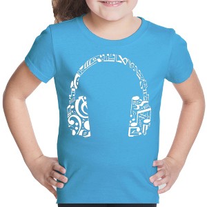 LA Pop Art Girl's Word Art T-shirt - Music Note Headphones - 1 of 4