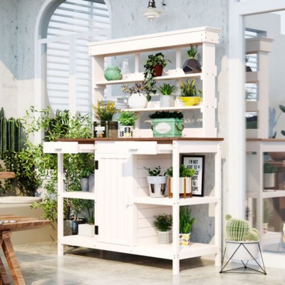Garden Potting Table with Storage: 66" Farmhouse Design, 2 Drawers, Cabinet, Shelves