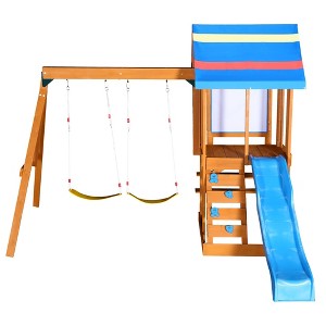 Ruvalino Playground Swings 3 in 1 Wooden Swing Set with Slide and Climber for Backyard Play, Blue, 131.1"*94.5"*96.4" - 1 of 4