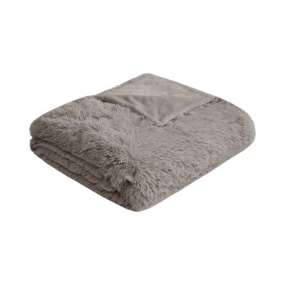 Gray Shaggy Faux Fur Twin Bedspread Cover Set