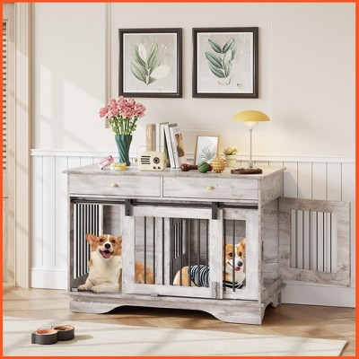 47" Dog Furniture Crate, Large Furniture Style Dog Crate w/ 2 Storage Draws & Removable Divider & Triple Door Design