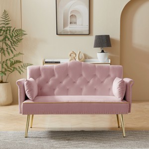 54.7" Velvet 2-Seater Sofa,Modern Glam Tufted Loveseat with Gold Metal Legs & Pillows for Small Living Room or Bedroom-Baofuwish - 1 of 4