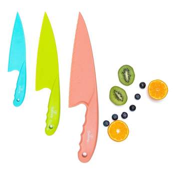 Baketivity 3 Piece Kids Knife Set | Plastic Kids Safe Knives for Kitchen | Dishwasher Safe, Kid Friendly Safe Knives Set for Cutting Fruits, Veggies