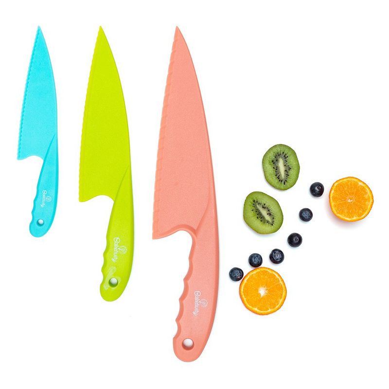 Baketivity 3 Piece Kids Knife Set | Plastic Kids Safe Knives for Kitchen | Dishwasher Safe, Kid Friendly Safe Knives Set for Cutting Fruits, Veggies, 1 of 10