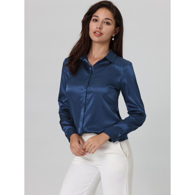 Hobemty Women's Elegant Satin Point Collar Long Sleeve Work Office Button Down Shirt, 4 of 6