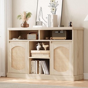 Rattan Buffet Cabinet with Storage, 47" Sideboard Storage Cabinet with 2 Rattan Doors, Natural Wood Accent Coffee Bar for Kitchen Dining Room - 1 of 4
