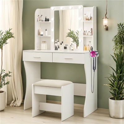 SKRAN Vanity Desk with Mirror and Lights, Makeup Vanity with Power Outlet & Hair Dryer Rack,3 Adjustable Lighting Colors for Bedroom, White