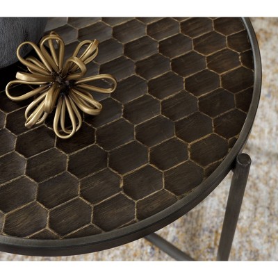 Round Brown and Gray Mango Wood Metal End Table
