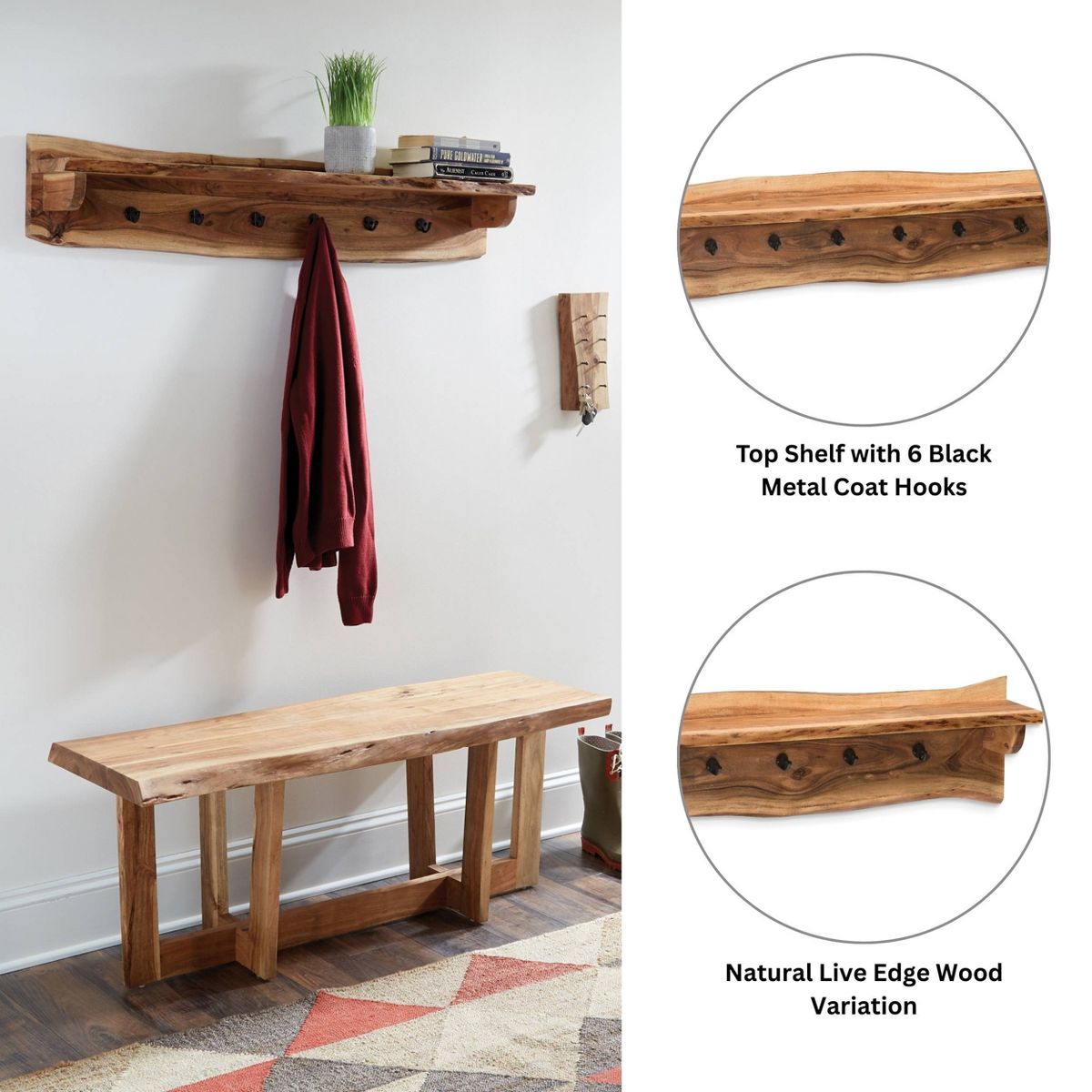 Alaterre Furniture Alpine Natural Brown Live Edge Wood Coat Hooks with Shelf - thumbnail 8