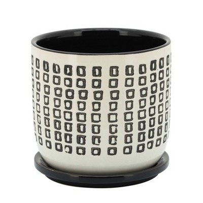Sagebrook Home 6" Square Patterned Ceramic Planter with Saucer Black