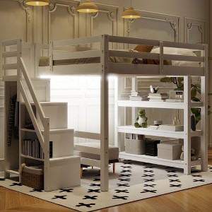 Twin/Full Size Loft Bed with Shelves, Storage Staircase, Small Wardrobe and White LED Light, White - ModernLuxe - 1 of 4
