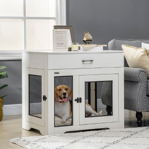 Gulches Dog Crate Furniture with Soft Water-Resistant Cushion, Dog Crate End Table with Drawer, Puppy Crate for Small Dogs Indoor with 2 Doors, White - 1 of 4