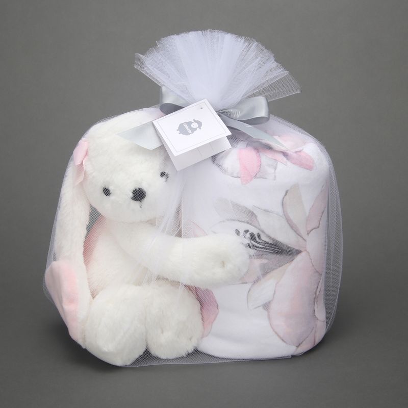 Lambs & Ivy Floral Blanket & White Plush Bunny Stuffed Animal Toy Baby Gift Set, 1 of 7