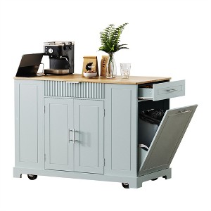 XINGHANZHENXUAN Fluted Kitchen Island with Trash Can Storage Cabinet, Internal Storage Rack, 3 Drawer, 3 Open Side Racks - 1 of 4