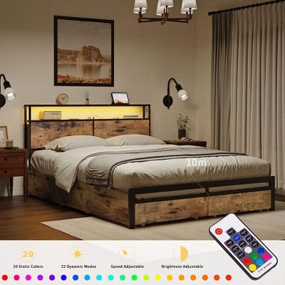 Rustic Brown Queen Metal Platform Bed Frame with Storage Drawers and LED Headboard