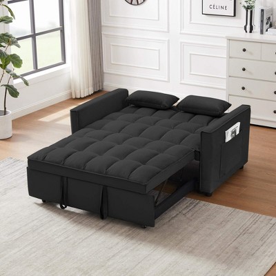 ORRD Modern Gray Velvet Loveseat Futon Sofa Bed, 3-in-1 Convertible Couch with Pull-Out Bed, Reclining Backrest, Pillows & Side Pockets