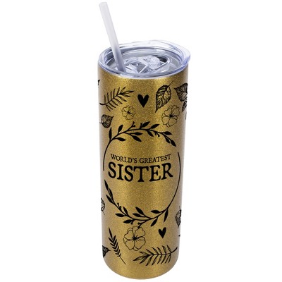 Elanze Designs Floral Vegas Gold 20 Ounce Double Wall Stainless Steel Glitter Travel Tumbler With Sliding Lid And Straw, World's Greatest Sister