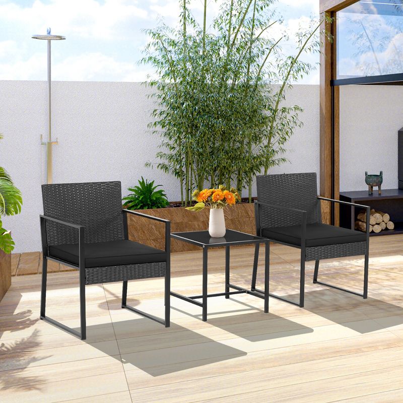 Tangkula 3PCS Patio Rattan PE Wicker Bistro Set Outdoor Furniture Set w/ Table & Cushion, 4 of 11