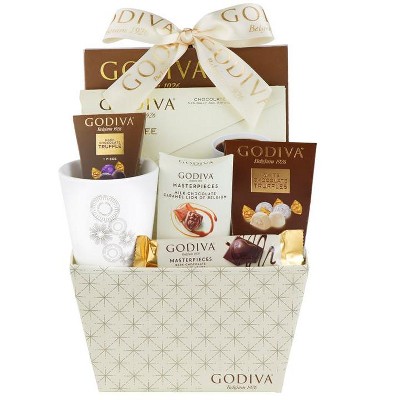 Godiva Truffles, Coffee and Chocolate Hot Cocoa Gift Basket Includes 10oz White Mug