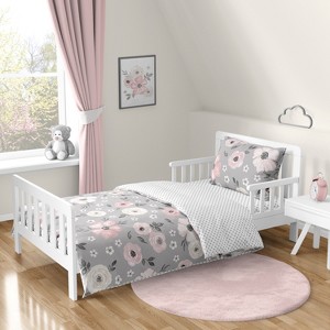 Sweet Jojo Designs Girl Toddler Bedding Set Watercolor Floral Grey and Pink 5pc - 1 of 4