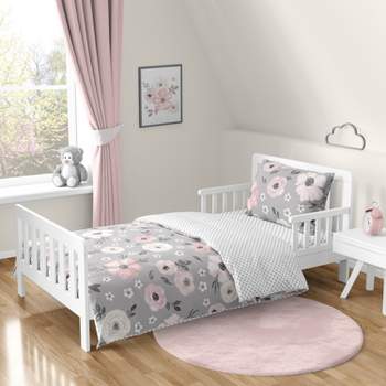 Sweet Jojo Designs Girl Toddler Bedding Set Watercolor Floral Grey and Pink 5pc
