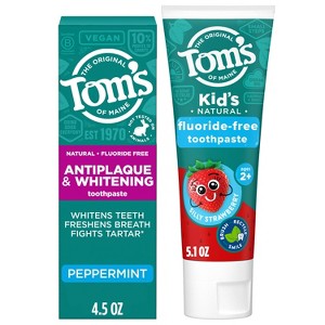 Tom's of Maine Kids' 4.5oz Antiplaque and Whitening Toothpaste + 5.1oz Silly Strawberry Fluoride-Free Toothpaste - 1 of 4