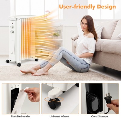 White 1500W Oil Filled Radiator Heater with Thermostat and Automatic Shut-off