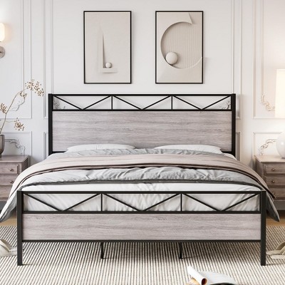 Metal Platform Bed Frame with Rustic Vintage Wood Headboard and Footboard