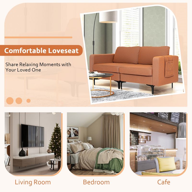 Costway Modern Loveseat Linen Fabric 2-Seat Sofa Couch w/ Side Storage Pocket Green\Orange, 5 of 11