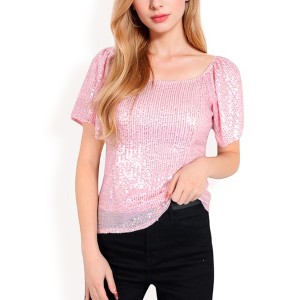 Anna-Kaci Women's Short Sleeve Square Neck Sequin Top for Special Occasions - 1 of 4