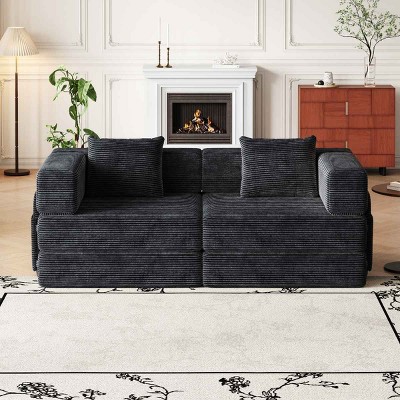 72.4 Inch Convertible Sofa Bed for Living Room, Folding Design Sofa with Cushions and Side Storage Pockets, Corduroy Fabric Sofa-Coolbibila
