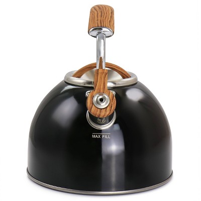Black Stainless Steel Whistling Tea Kettle with Wood Pattern Handle