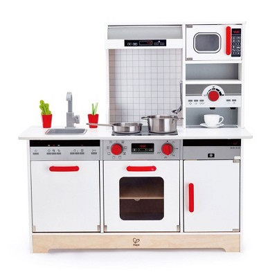 Hape E3145 All In 1 Kids Toddler Wooden Pretend Play Kitchen Set with Oven, Stove, Sink, Microwave, Coffee Maker, Dish Washer, Fridge and Accessories