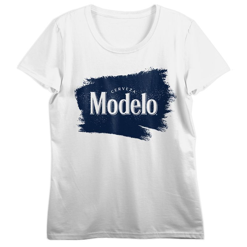 Modelo Distressed Patch Logo Crew Neck Short Sleeve White Women's T-shirt, 1 of 3