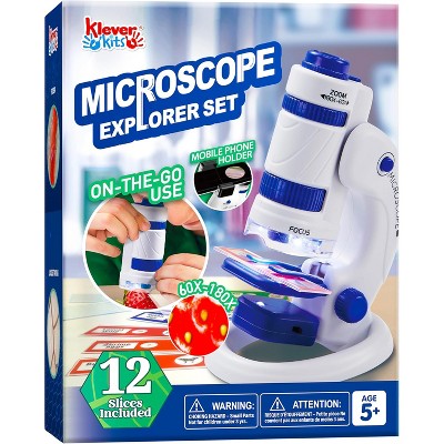 Klever Kits 2 in 1 Microscope Explorer Set for Kids, Portable Microscope with 12 Specimen Slides, 60X-180X, Educational Science Toys for Kids Aged 5+