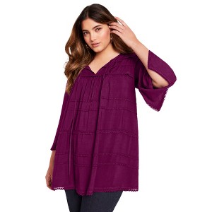 June + Vie by Roaman's Women's Plus Size Acid Wash Peasant Blouse - 1 of 4