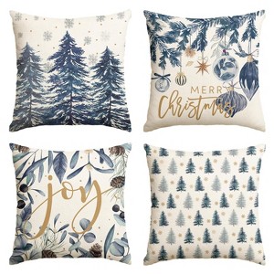 Set of 4 Blue Merry Christmas Trees Snowflake Throw Pillow Covers, 18 x 18 Inch - 1 of 4